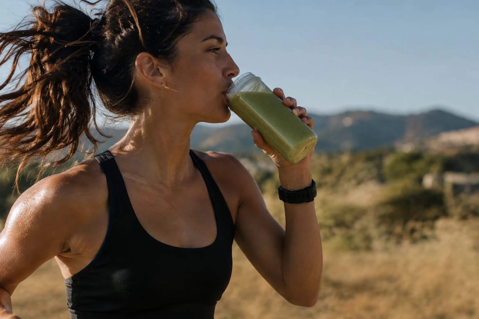 Αθλήτρια πίνει πράσινο smoothie μετά την προπόνηση